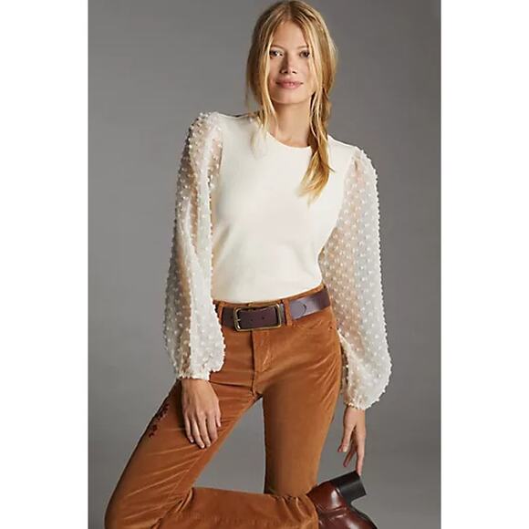 Maeve by Anthropologie Textured-Sleeve Round Neck Blouse Top Cream Women's XL - Picture 1 of 11